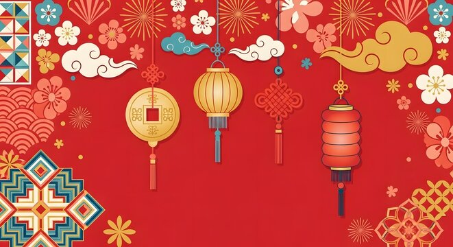 Festive chinese new year background with lanterns and floral decorations