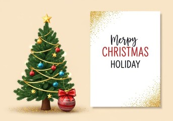 Christmas tree with star, ornaments, and gift, beside a card with merry christmas holiday text