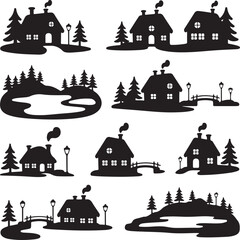 Winter village silhouette set with houses trees and frozen pond illustration