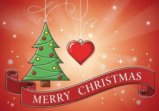 Christmas tree and red heart ornament with a merry christmas banner on a sparkling red background with snowflakes