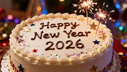 Closeup of White Frosted Cake Decorated with Sparklers and "Happy New Year 2026" Text