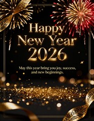 Luxury Gold 2026 Typography on Black Background with Bokeh and Confetti for New Year's Eve