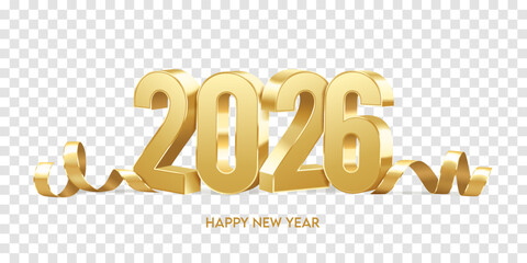 Obraz premium Happy New Year 2026. Golden 3D numbers with ribbons and confetti, isolated on transparent background. Holiday greeting card design.