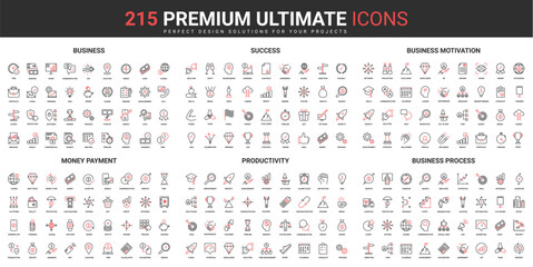 Business success thin line red black icons set vector illustration. Abstract symbols of business processes organization and productivity of employees, money payment simple design for mobile, web apps