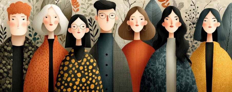 A diverse group of friends in stylish patterned coats, standing together in an artful forest backdrop. - Powered by Adobe