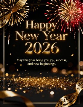 Luxury Gold 2026 Typography on Black Background with Bokeh and Confetti for New Year's Eve