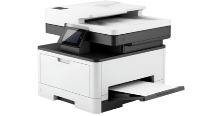 White Multifunction Printer with Touchscreen on Black Background