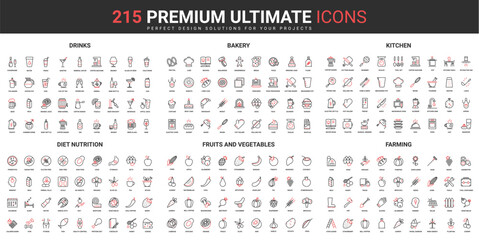 Diet food and nutrition, farming thin line red black icons set vector illustration. Abstract symbols of farm organic fruit, vegetables, baking drinks, kitchen tools simple design for mobile, web apps © lembergvector