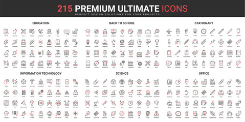 Education, science and information technology thin line red black icons set vector illustration. Abstract symbols of office and school stationery, training courses simple design for mobile, web apps