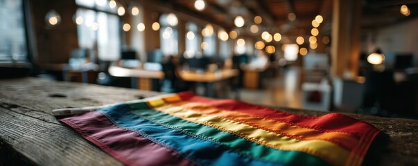 Diverse office workers in a modern coworking space with a rainbow Pride flag on the desk
