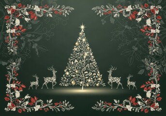 Elegant sparkling christmas tree and graceful deer in a festive forest scene, framed by a beautiful floral border