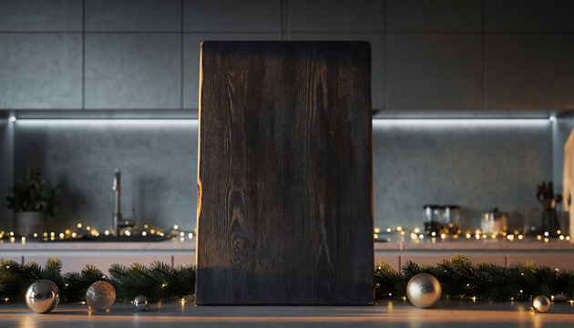 Vertical black mockup board on a rustic wood table. Kitchen background with festive string lights. Ideal copy space for menus, recipes, or holiday greetings.
