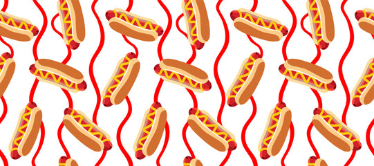 seamless pattern with hot dogs mustard and abstract flowing ketchup lines on white background street food wallpaper or fabric print