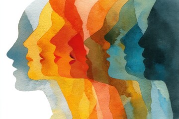Series of watercolor silhouette profiles in rainbow gradient, overlapping faces, representing unity and diversity today
