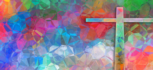 off-center, light cross on multicolored polygon background with copy space for song lyrics, scripture and more