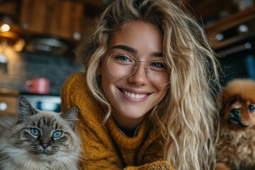 Smiling woman with glasses and two pets in a cozy kitchen setting for home and lifestyle use
