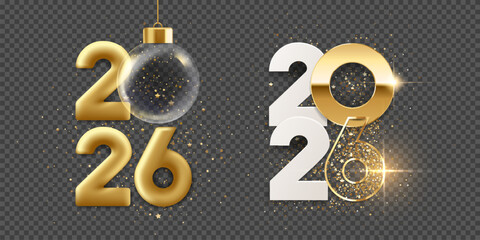 Happy new year 2026 backgrounds. Golden numbers with transparent Christmas ball and confetti, isolated on transparent background.
