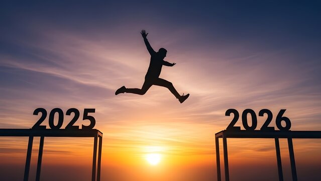 Silhouette Photograph of a Person Jumping from the 2025 Platform to the 2026 Platform, Symbolizing the Transition to the New Year.