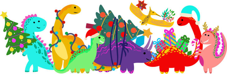 cute funny colorful dinosaurs are going to celebrate christmas horizontal border isolated on white background kids party banner design element
