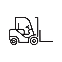 A minimalist line drawing of a forklift with visible steering wheel and lifting forks on a white background