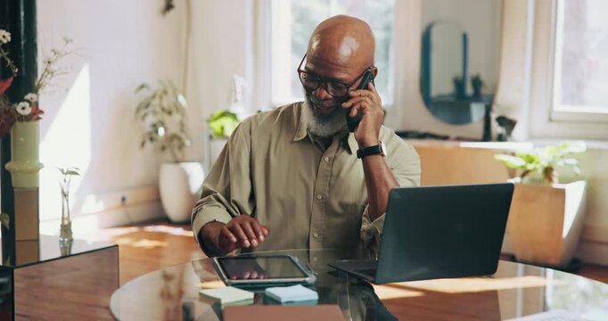 Phone call, tablet and manager with black man in store for barber shop appointment, contact and client advisory. Discussion, hair stylist schedule and online booking with mature person and tech