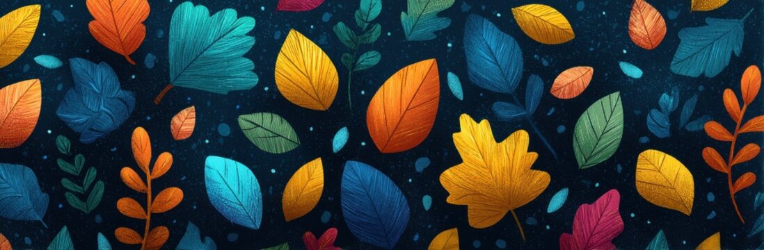 Autumn leaves pattern with colorful foliage on a dark blue background for seamless design