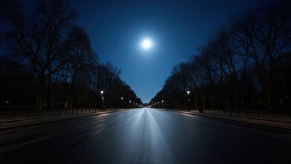  Empty straight road at night with street lights, trees lining both sides, full moon in dark blue sky, symmetrical perspective, urban avenue