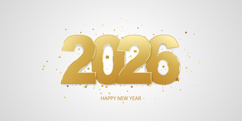Happy new year 2026. Golden numbers with confetti in background. Holiday greeting card design.