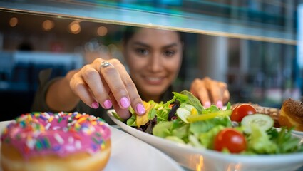 Woman Contemplating a Donut vs. Salad - Healthy Eating Dilemma