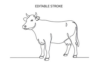 Elegant continuous line art drawing of a cow, a farm animal representing dairy, beef, and agricultural industry