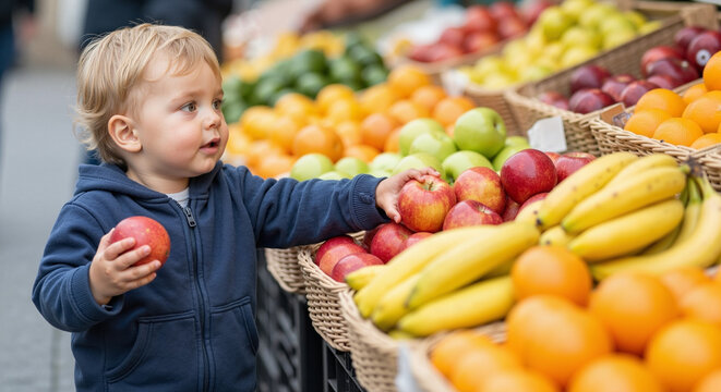 Toddler standing at fruit stall selecting apples and bananas in market - Powered by Adobe