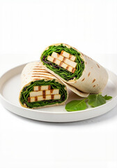 Vegan wrap filled with grilled tofu slices and fresh greens on plate  