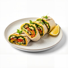 Vegan wrap filled with grilled vegetables and creamy hummus on plate  