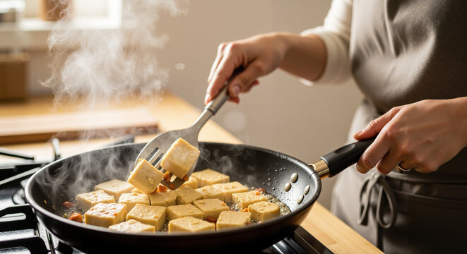 Woman frying tofu in a pan while cooking in a modern kitchen  