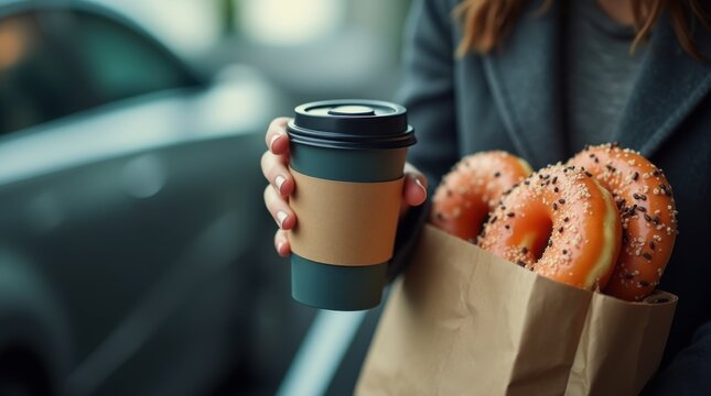 Modern drive-through shopping lane with cars lined up near coffee shop window, barista handing