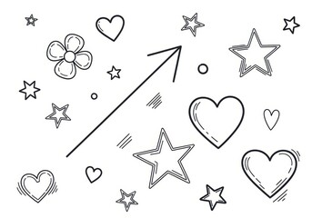 Handdrawn doodle collection of various cute elements including hearts, stars, a flower, and an arrow, isolated on white background