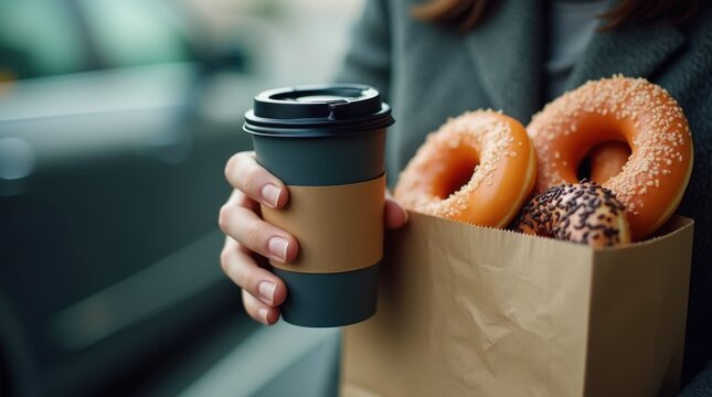 Modern drive-through shopping lane with cars lined up near coffee shop window, barista handing