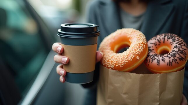 Modern drive-through shopping lane with cars lined up near coffee shop window, barista handing