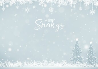 Elegant winter wonderland background with falling snow, festive snowflakes border, and two decorated christmas trees for holiday greetings