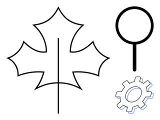 Outline maple leaf with magnifying glass and gear element. Ideal for nature research, eco-innovation, exploration, sustainability, environment, scientific study, and teamwork. Simple flat metaphor