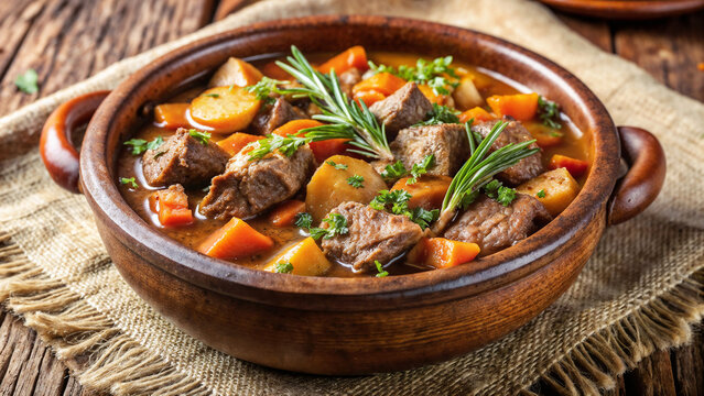 Hearty hunter's stew served in rustic bowl with fresh herbs. Rich hunter's stew with savory aroma and tender meat chunks, carrots, and potatoes brings warmth and comfort to mealtime.