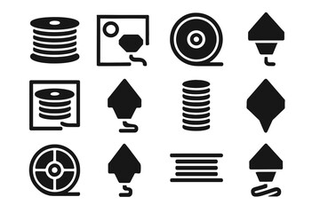 Minimalist black and white 3d printer filament spool icons set