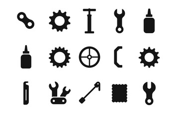 Collection of bicycle repair icons including tools and parts for maintenance