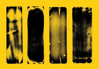 Four vertical distressed black grunge texture elements on a vibrant yellow background, creating a bold and edgy design