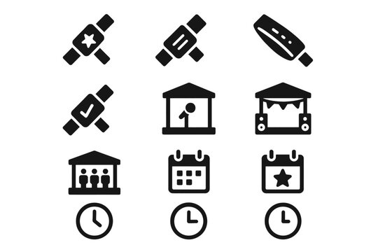 Event icon set featuring use of seatbelts and calendar in bold black design