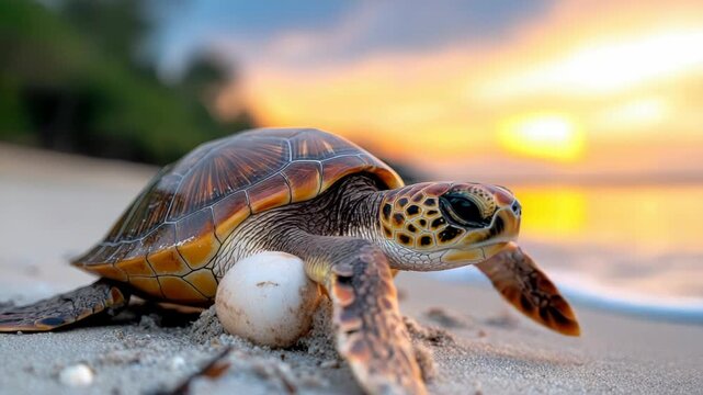 baby turtles hatched from eggs on the ocean shore, wildlife conservation concept