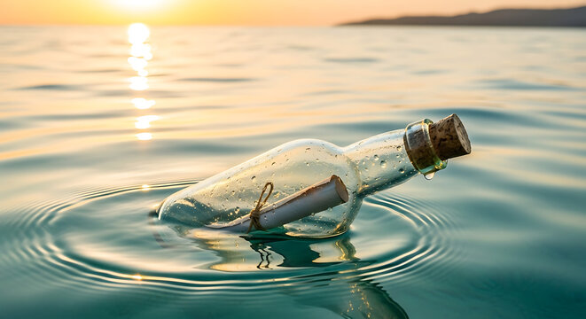Sunlit message in bottle floats on calm ocean surface - Powered by Adobe