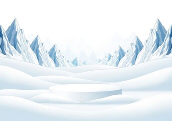 Winter landscape with snowcovered mountains and a white snow podium for product display, isolated on white background