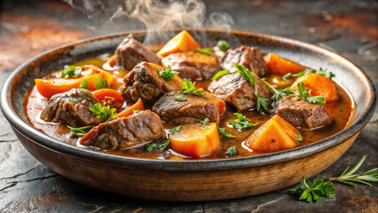 Steaming hunter's stew with visible ingredients in rustic bowl on wooden table. Steaming hunter's stew simmers, featuring tender meat chunks, root vegetables, and fresh herbs.