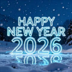 Neon Blue "HAPPY NEW YEAR 2026" Sign on Snowy Ground in a Winter Mountain Scene